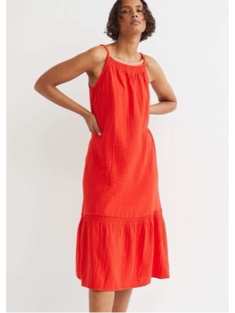 H&M Red Crinkle Gauze Red Tiered Sundress Large Ruffle Hem Boho Beach Cami Midi